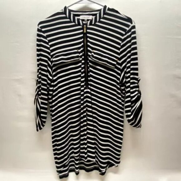 Calvin Klein Women's Half Zip Large White Black Stripe Gold CK Logo Buttons GUC - Picture 13 of 13